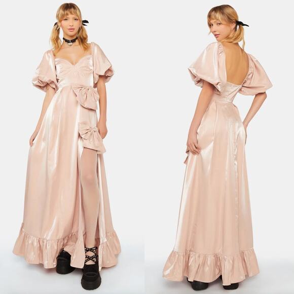 Sister Jane | NWT Bow Maxi Dress in Rose Quartz Puff Sleeve Satin Twill XS - Picture 2 of 16
